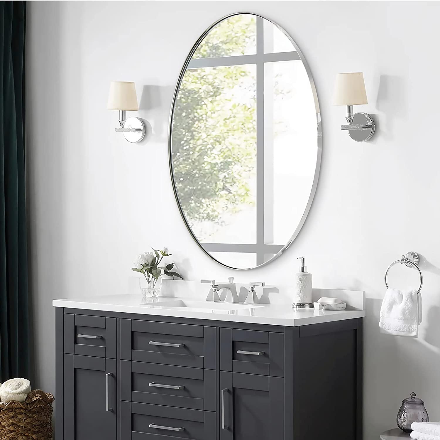 Modern Oval Bathroom Wall Mirrors |Stainless Steel Framed