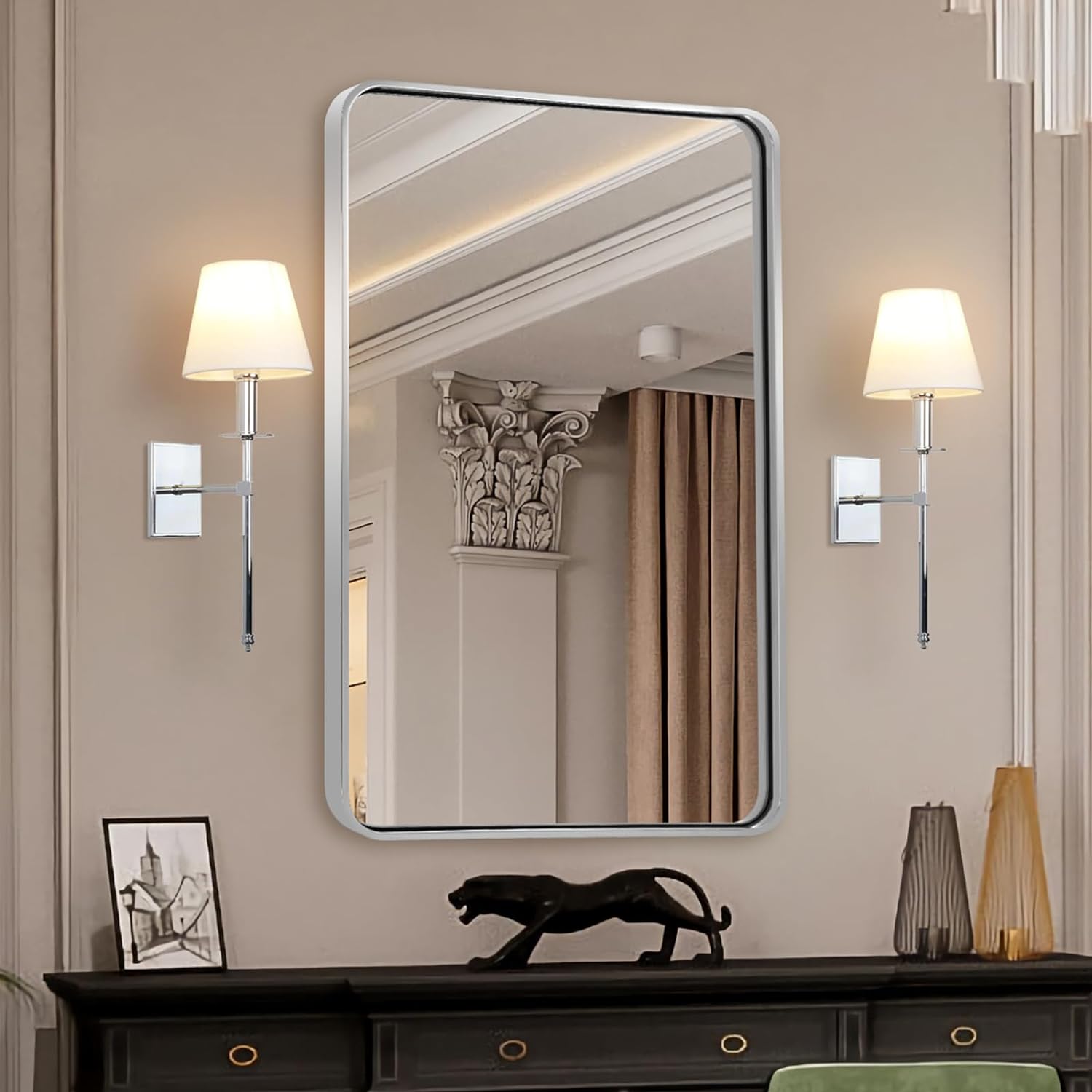 Modern Bold Framed Rectangle Wall Mirrors for Bathroom Wall| Stainless Steel Framed
