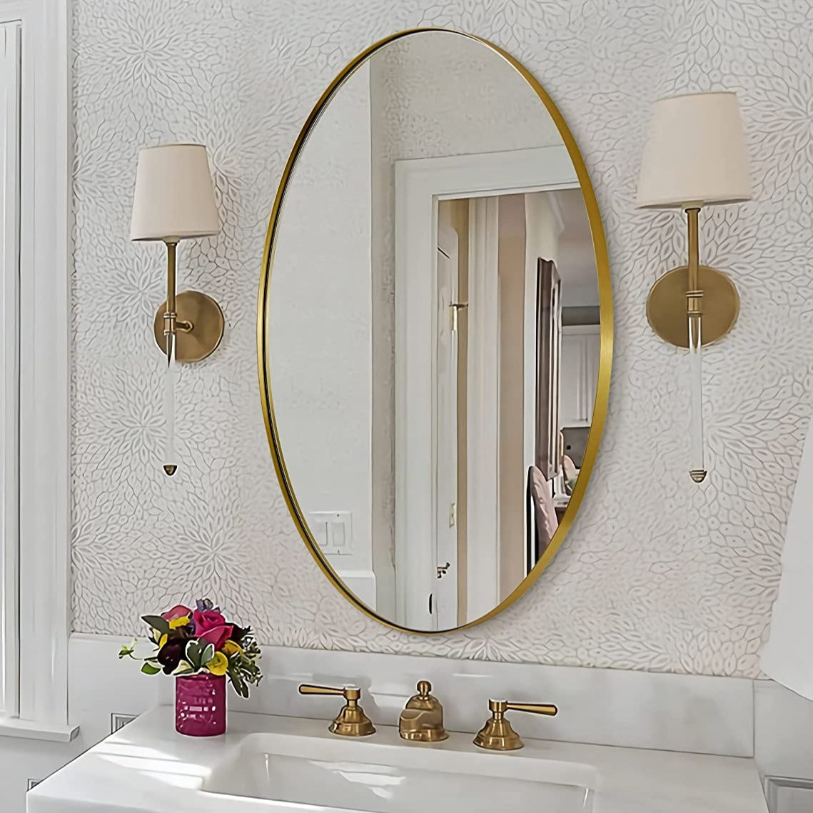 Open Box Like New: Modern Oval Wall Mounted Mirror for Bathroom Living Room | Stainless Steel Framed