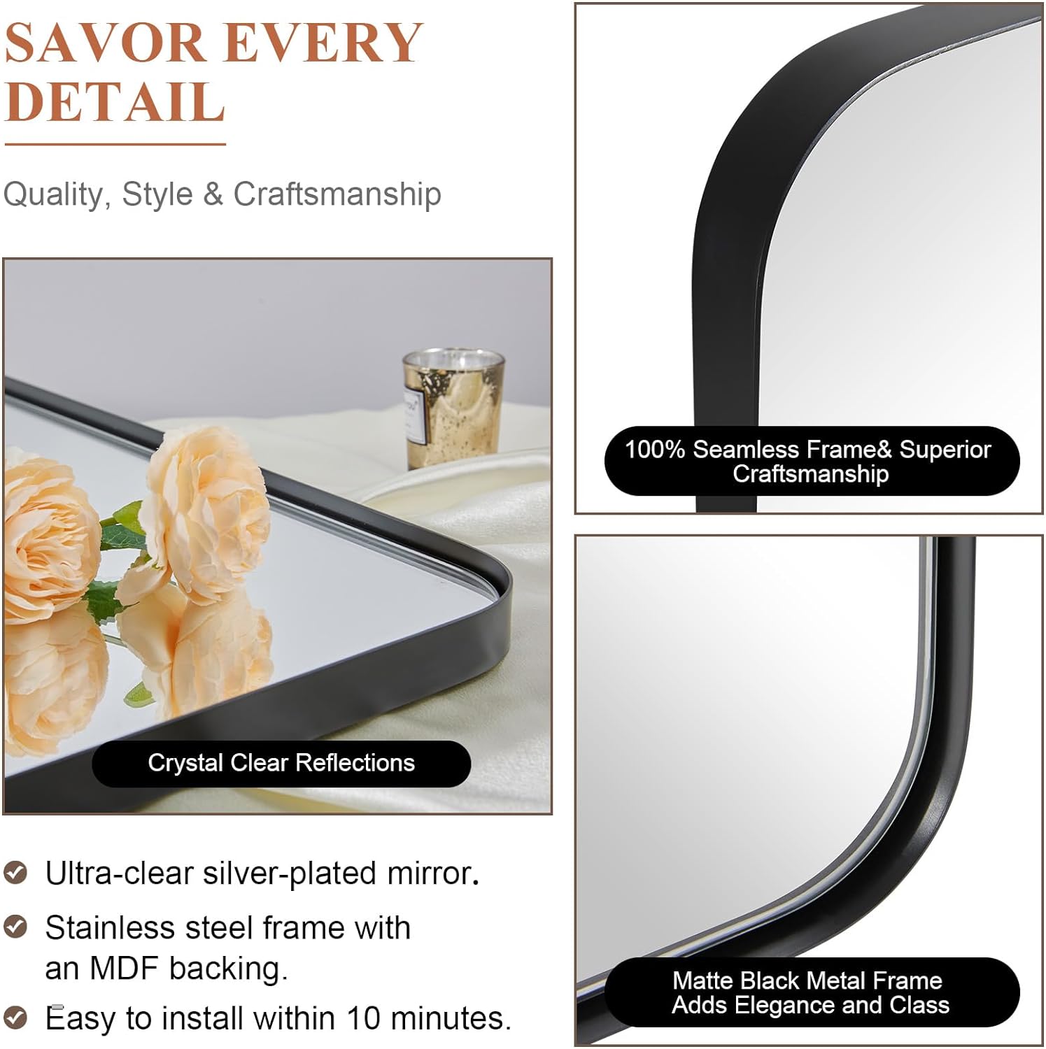 ANDY STAR Square Bathroom Mirror, Wall Decor Circle Mirror with Stainless Steel Frame