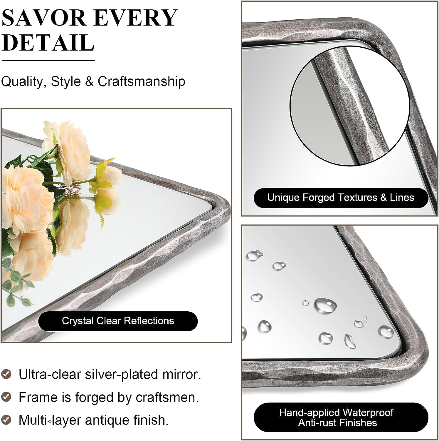 Antique Hand Hammer Frame Forged Iron Rectangle Wall Mirrors Wrought Iron Mirror