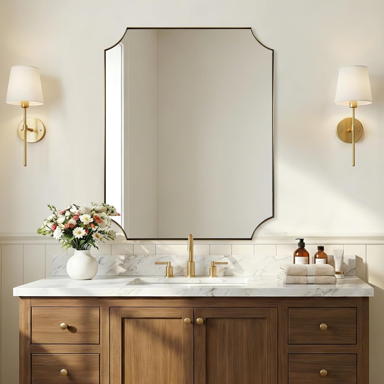 Modern Cut Corner Scalloped Rectangle Bathroom Vanity Mirror | Stainless Steel Frame