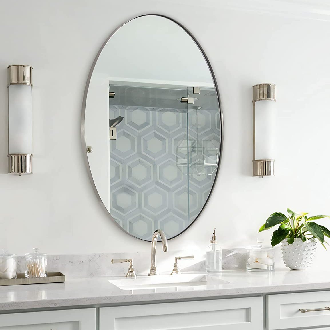 Open Box Like New: Modern Oval Wall Mounted Mirror for Bathroom Living Room | Stainless Steel Framed