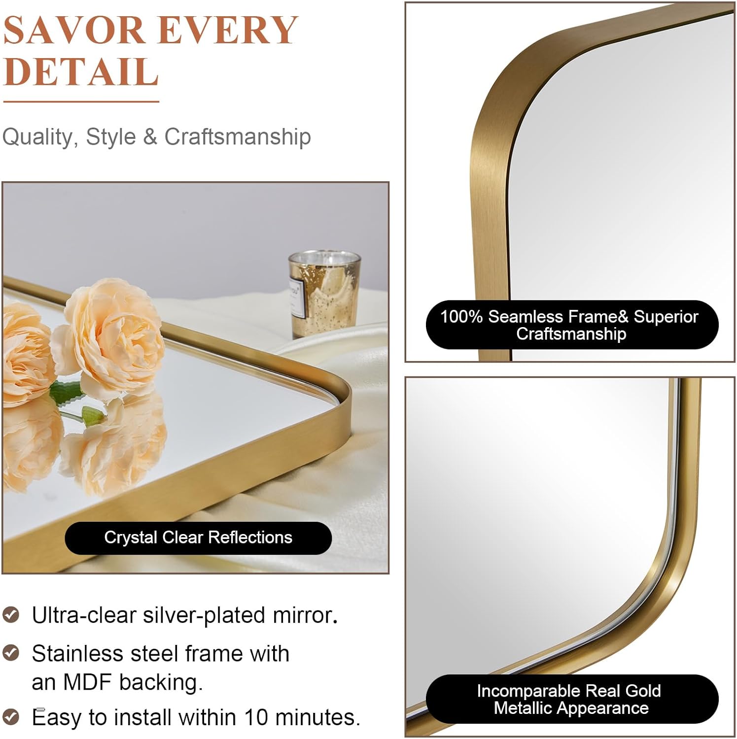 Modern Brushed Gold Rectangle Bathroom/ Vanity Mirrors with Stainless Steel Frame
