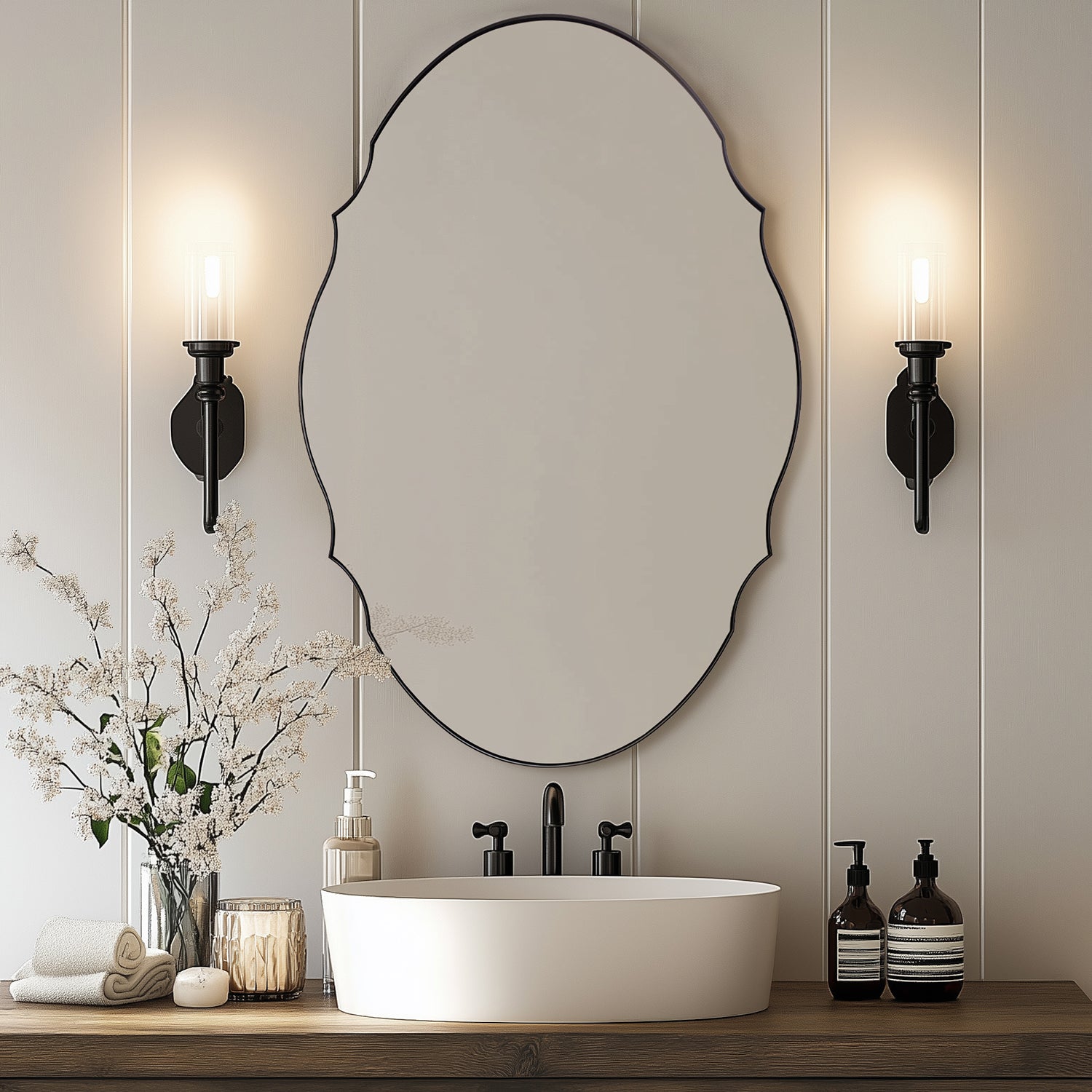 Contemporary Oval Scalloped Wall Mirror Irregular Bathroom Vanity Mirror| Stainless Steel Frame