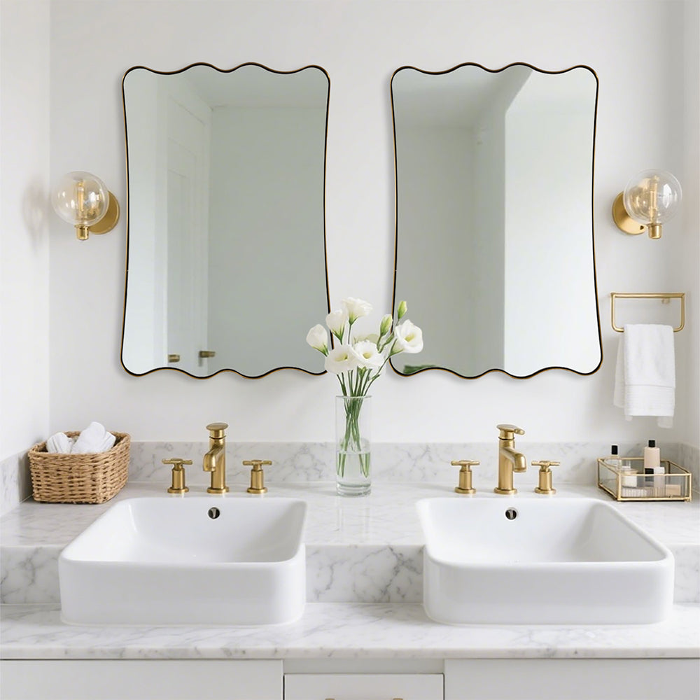Contemporary Wavy Scalloped Rectangle Mirror Decorative Bathroom Mirror | Stainless Steel Frame
