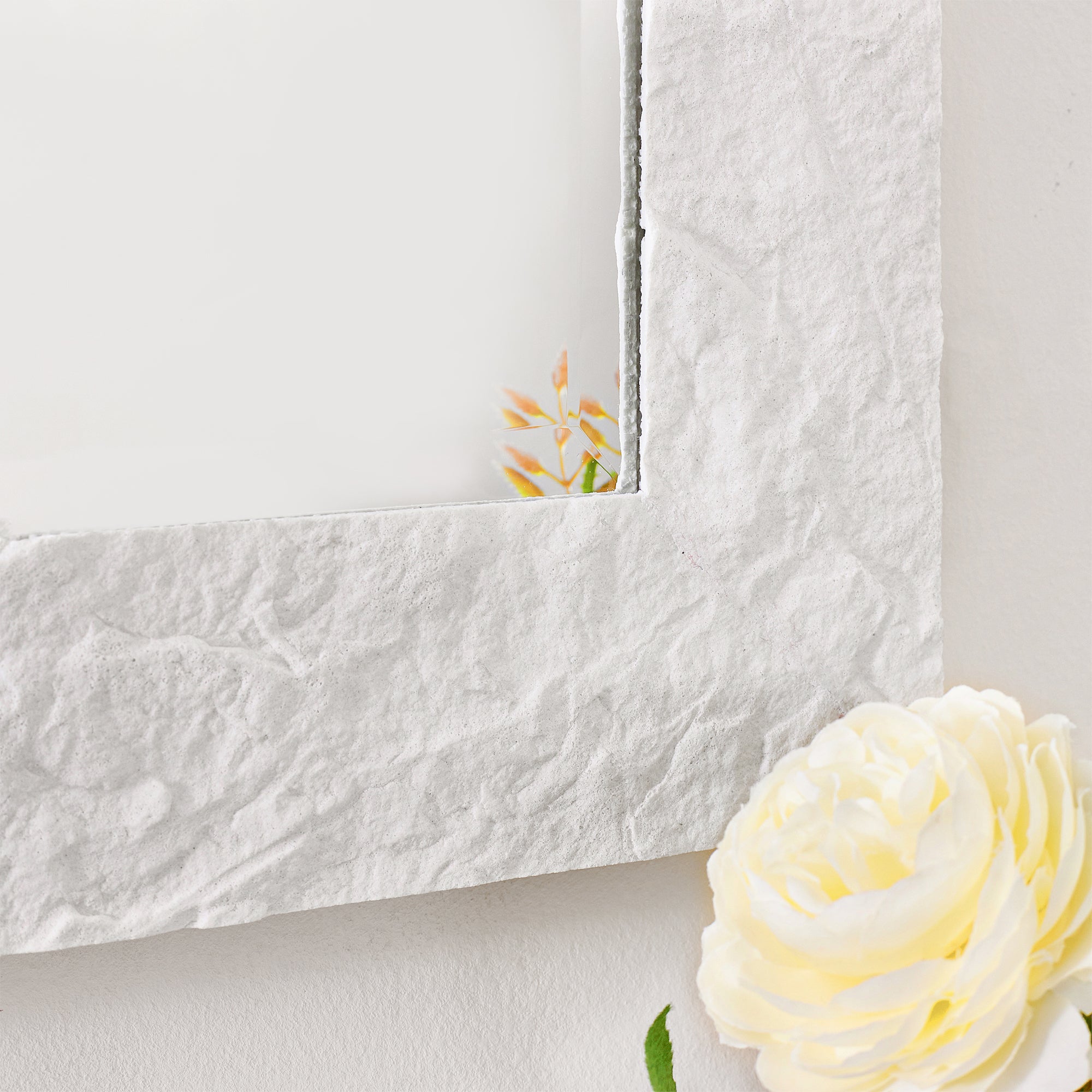 Contemporary White Plaster Thick Framed Rectangle Bathroom Mirror Decorative Beveled Mirror