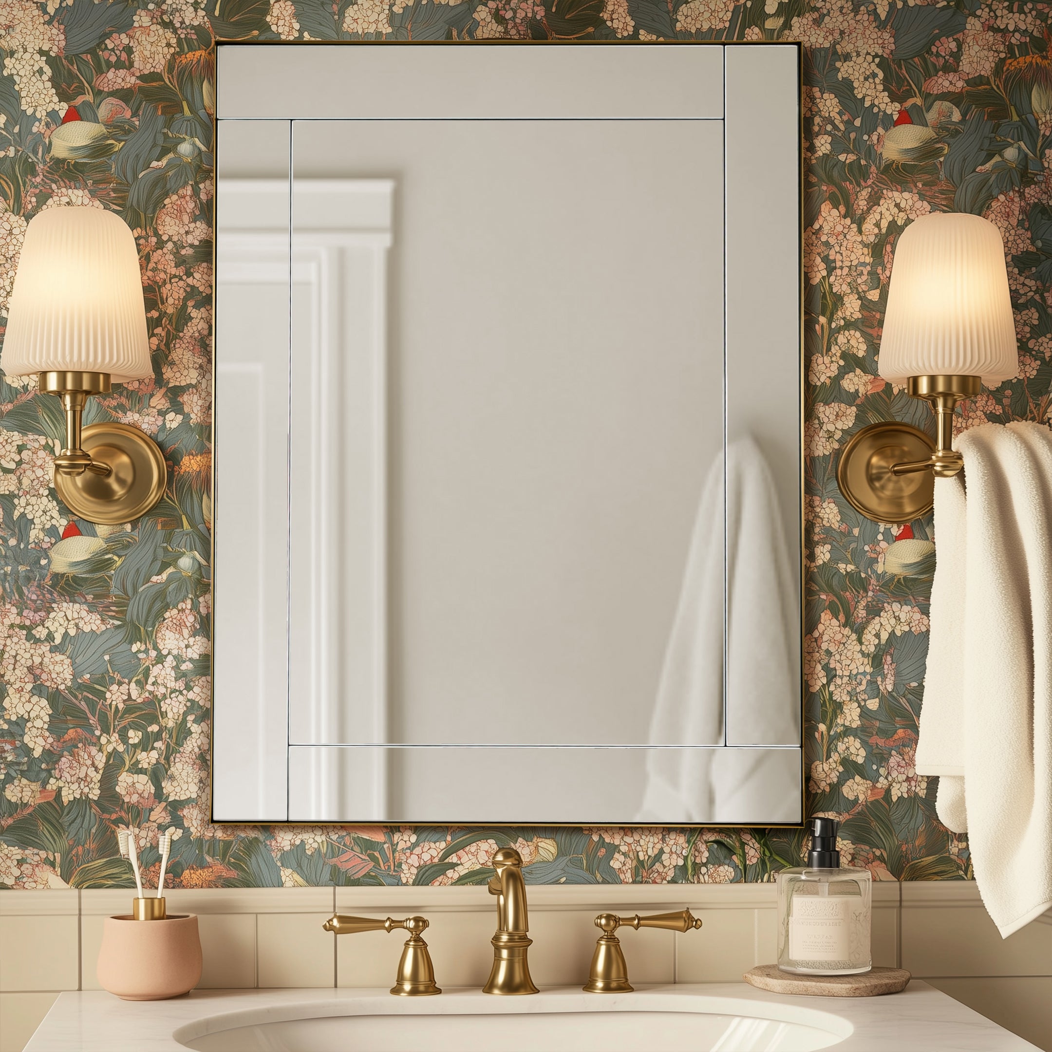 Contemporary Geometric Glass Tile Rectangular Bathroom Vanity Mirror | Stainless Steel Frame