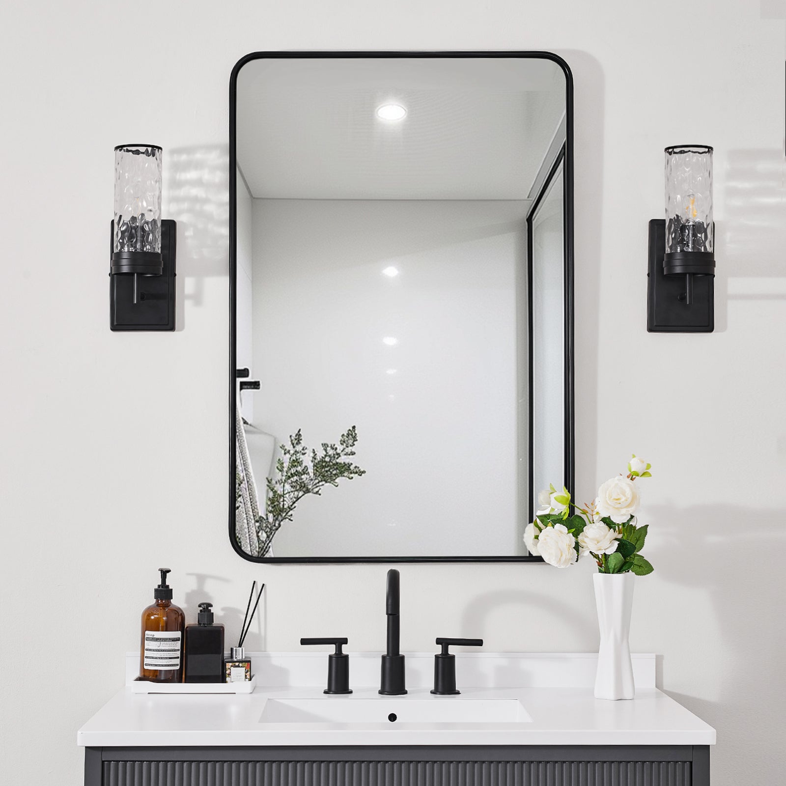 Contemporary Rounded Rectangular Bathroom Mirrors| Stainless Steel Thick Frame