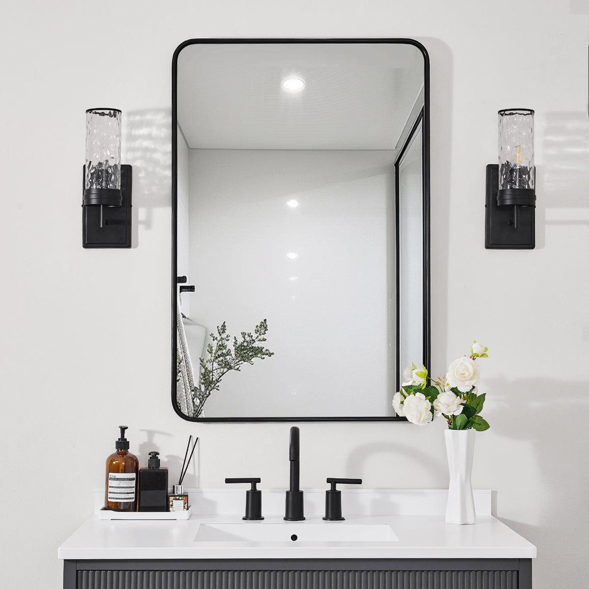 Contemporary Rounded Rectangular Bathroom Mirrors| Stainless Steel Thick Frame