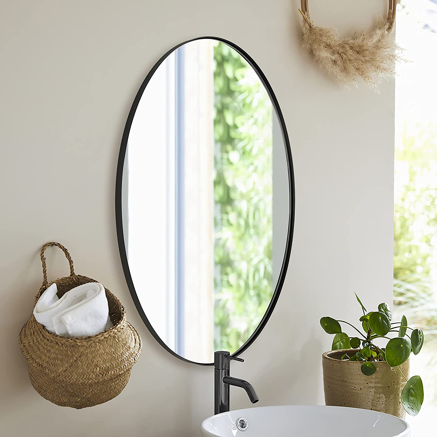 Modern Oval Wall Mounted Mirror for Bathroom Living Room | Stainless Steel Framed