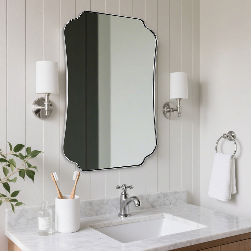 Contemporary Cut Corner Concave Edge Scalloped Bathroom Mirror | Stainless Steel Frame