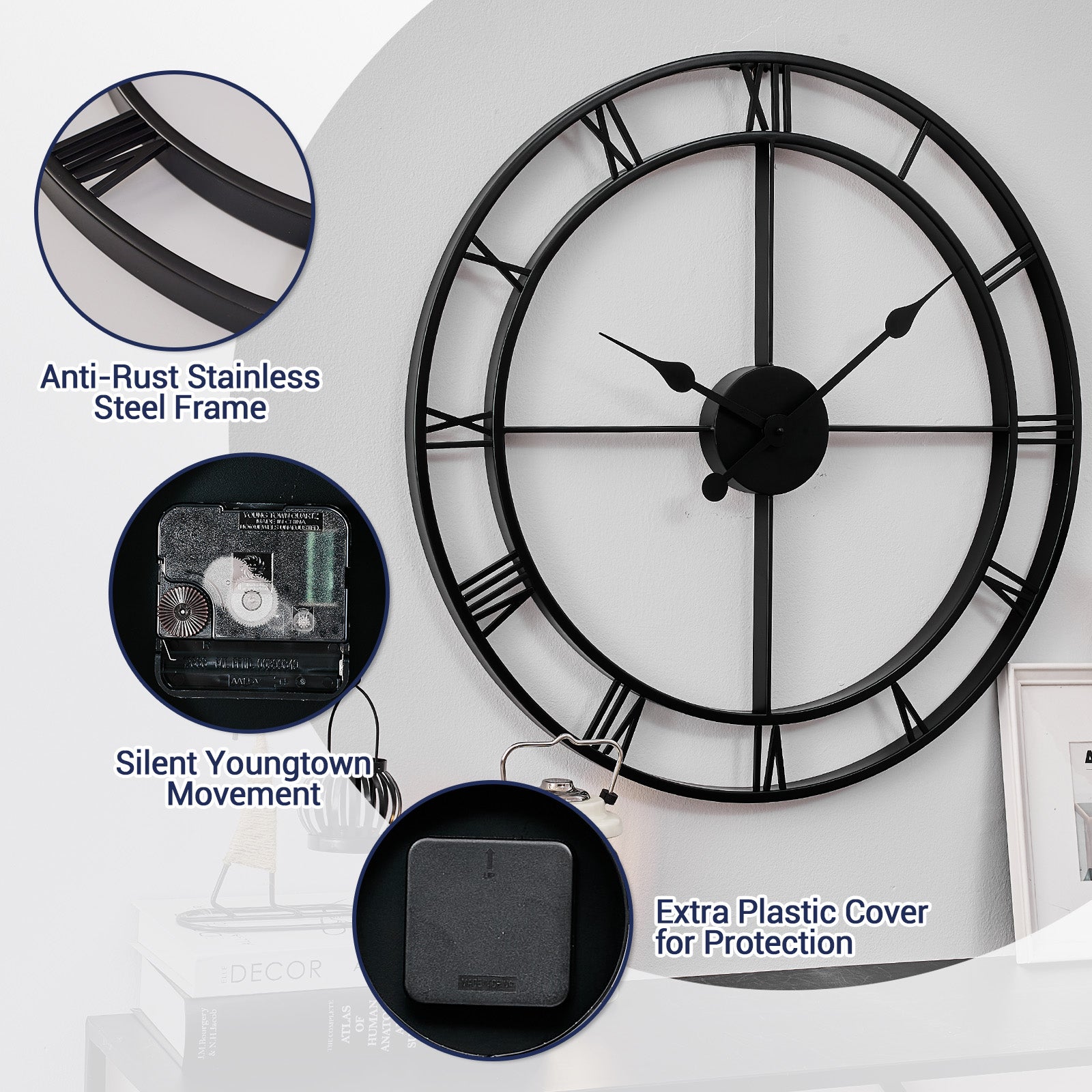 Retro Large Stainless Steel Round Hollow Metal Wall Clock Roman Numerals