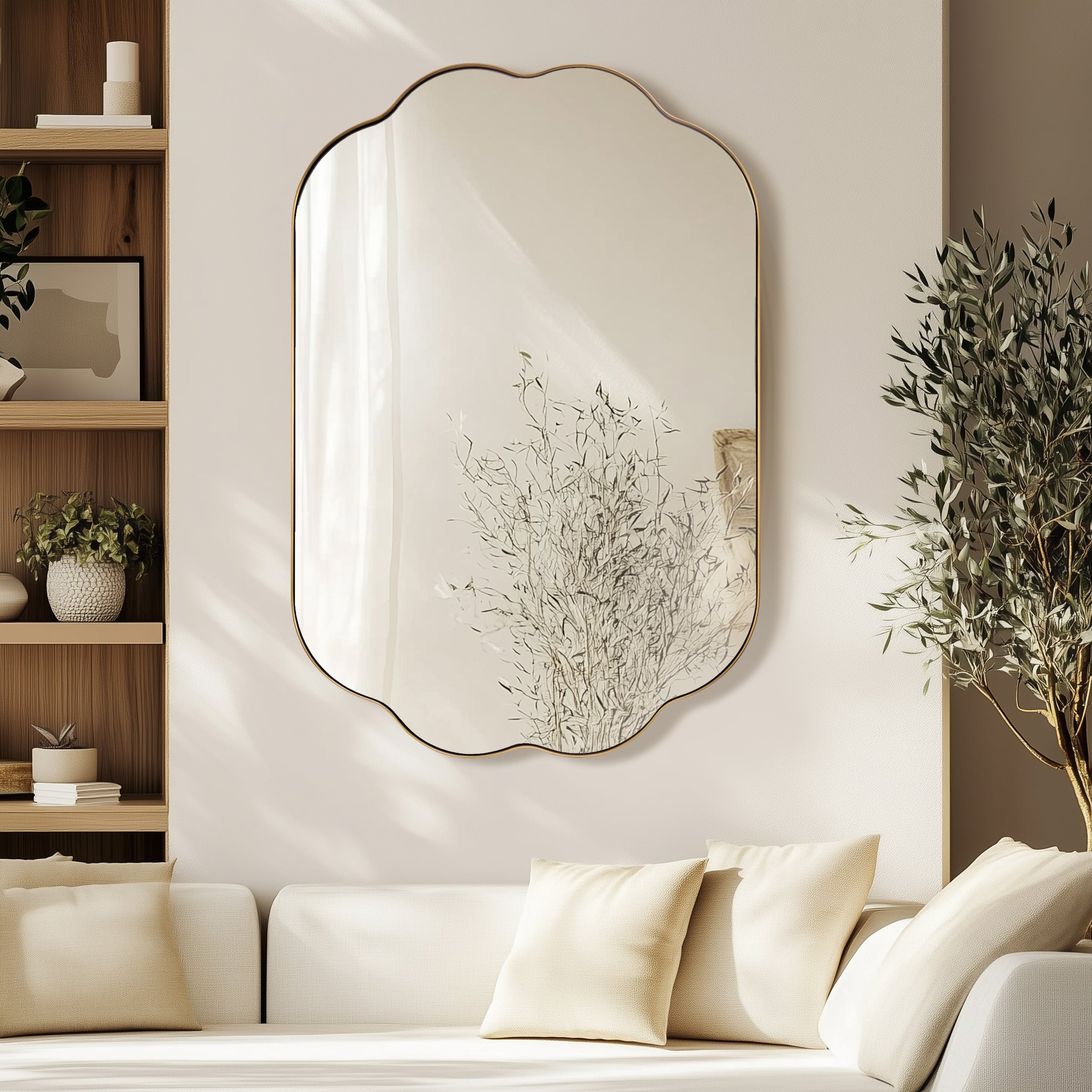 Contemporary Pill Shaped Long Oval Scalloped Bathroom Vanity Wall Mirror| Stainless Steel Framed