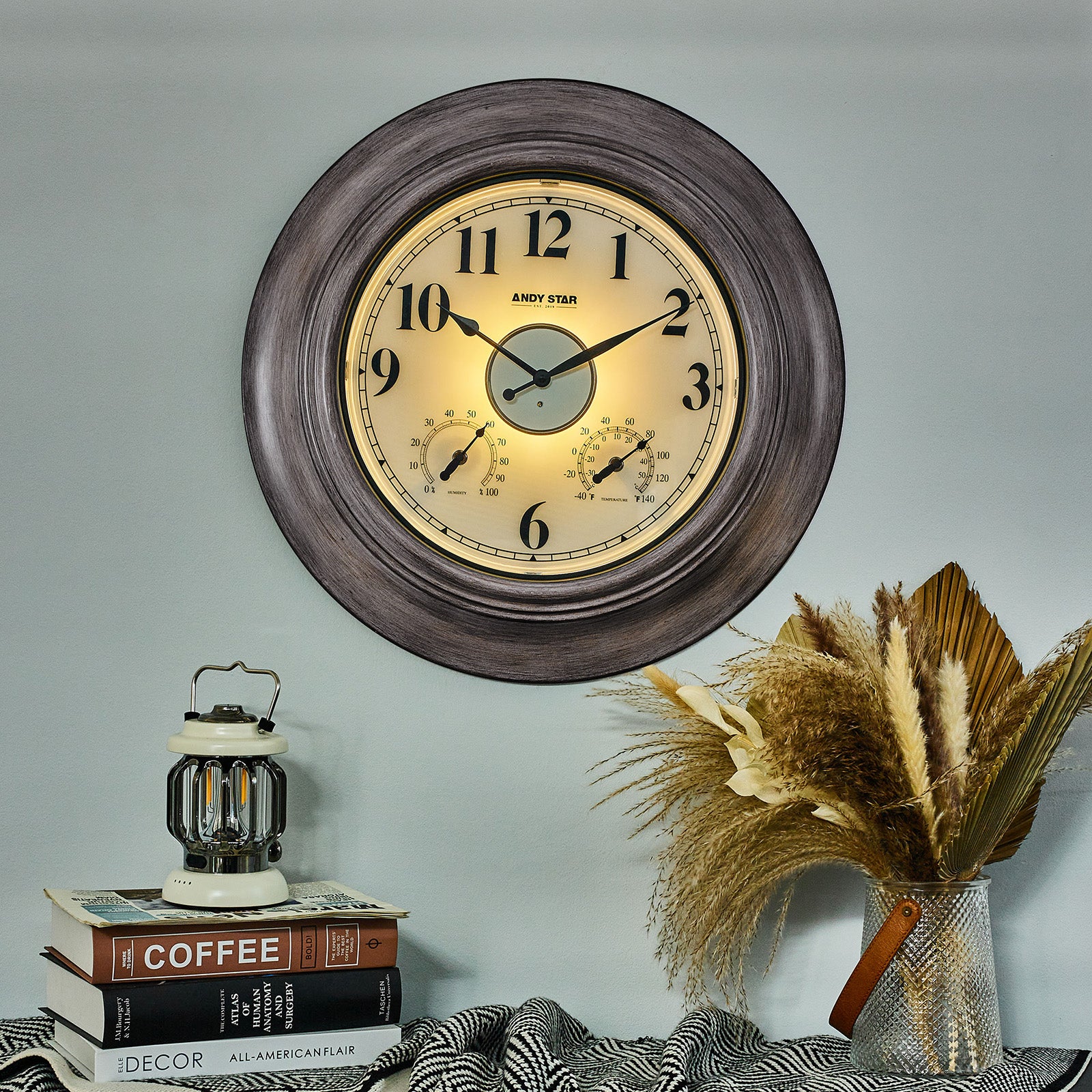 21 inch Oak Illuminated Outdoor Clocks with Thermometer Weatherproof Waterproof