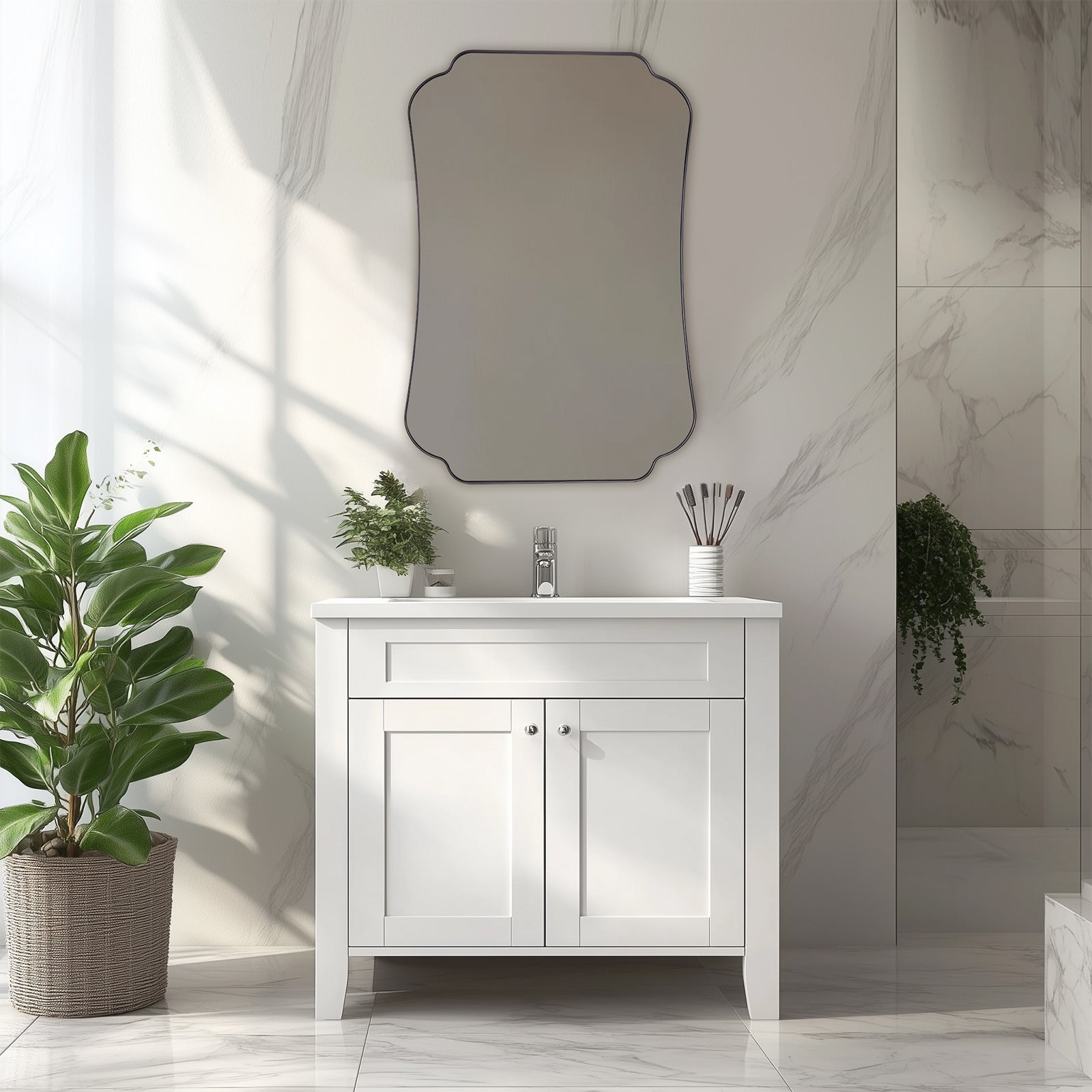 Contemporary Concave Edge Scalloped Bathroom Mirror Decorative | Stainless Steel Frame