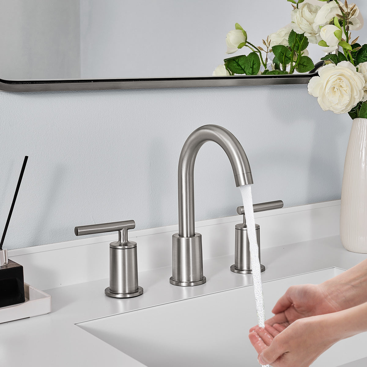 ANDY STAR Bathroom Faucet 3 Hole, 360 Degree Swivel Spout Bathroom Sink Faucet with 2 Level Handle of Hot&Cold Water Control