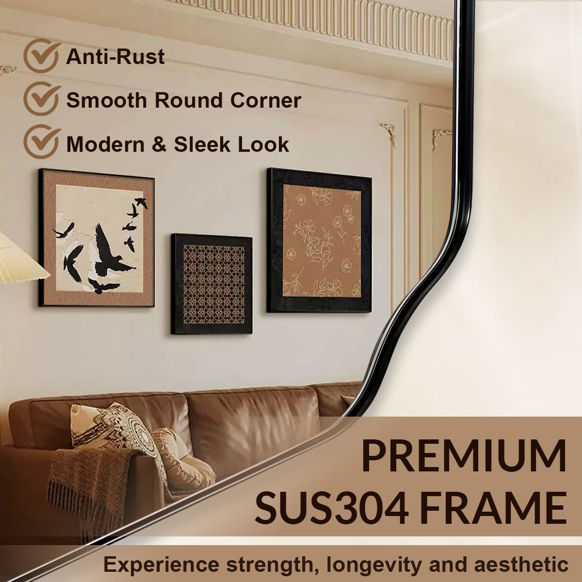 Contemporary Notched Corner Rectangle Scalloped Mirror for Wall /Bathroom | Stainless Steel Frame