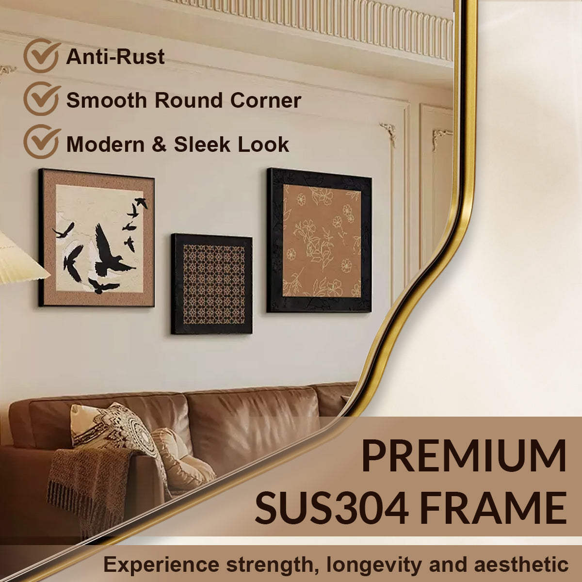 Contemporary Notched Corner Rectangle Scalloped Mirror for Wall /Bathroom | Stainless Steel Frame