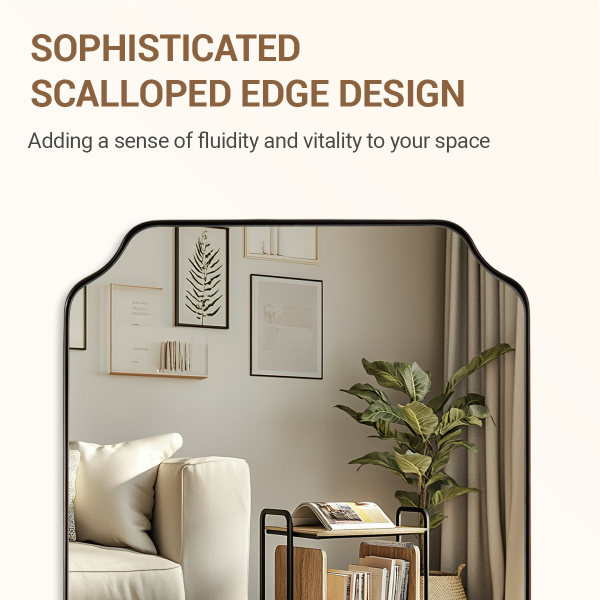 Contemporary Notched Corner Rectangle Scalloped Mirror for Wall /Bathroom | Stainless Steel Frame