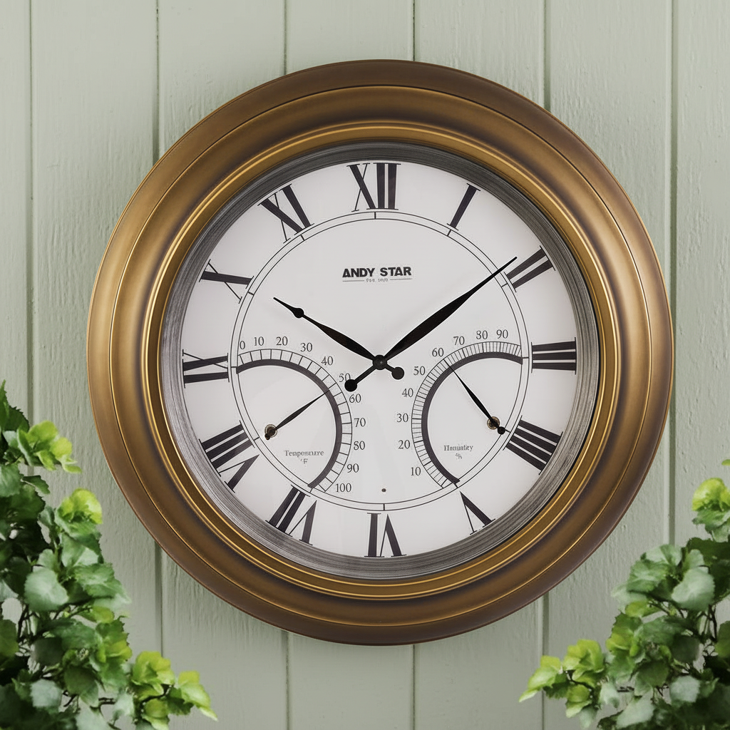 黄铜色挂钟浅绿色木板墙