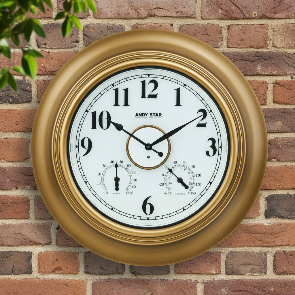 金色挂钟红褐色砖墙完全正面