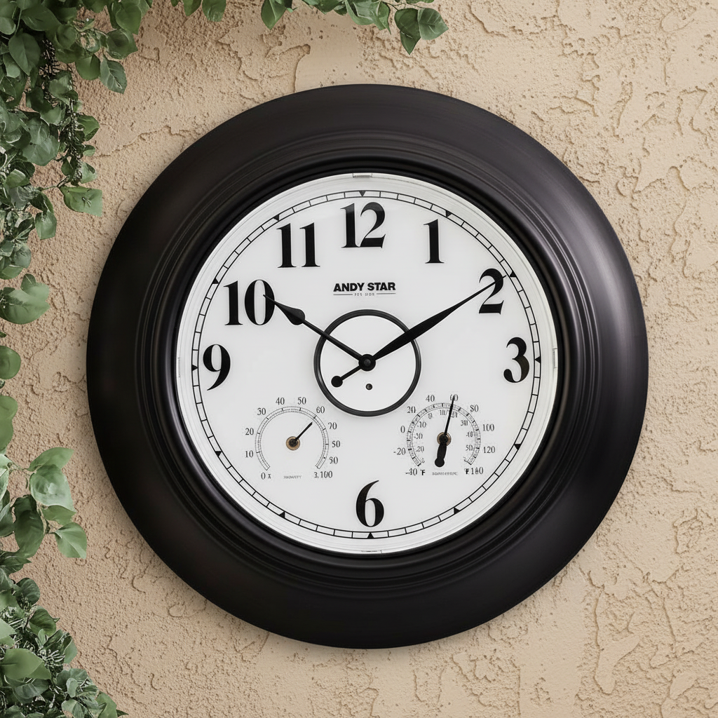 黑色挂钟米色灰泥墙绿植不遮挡