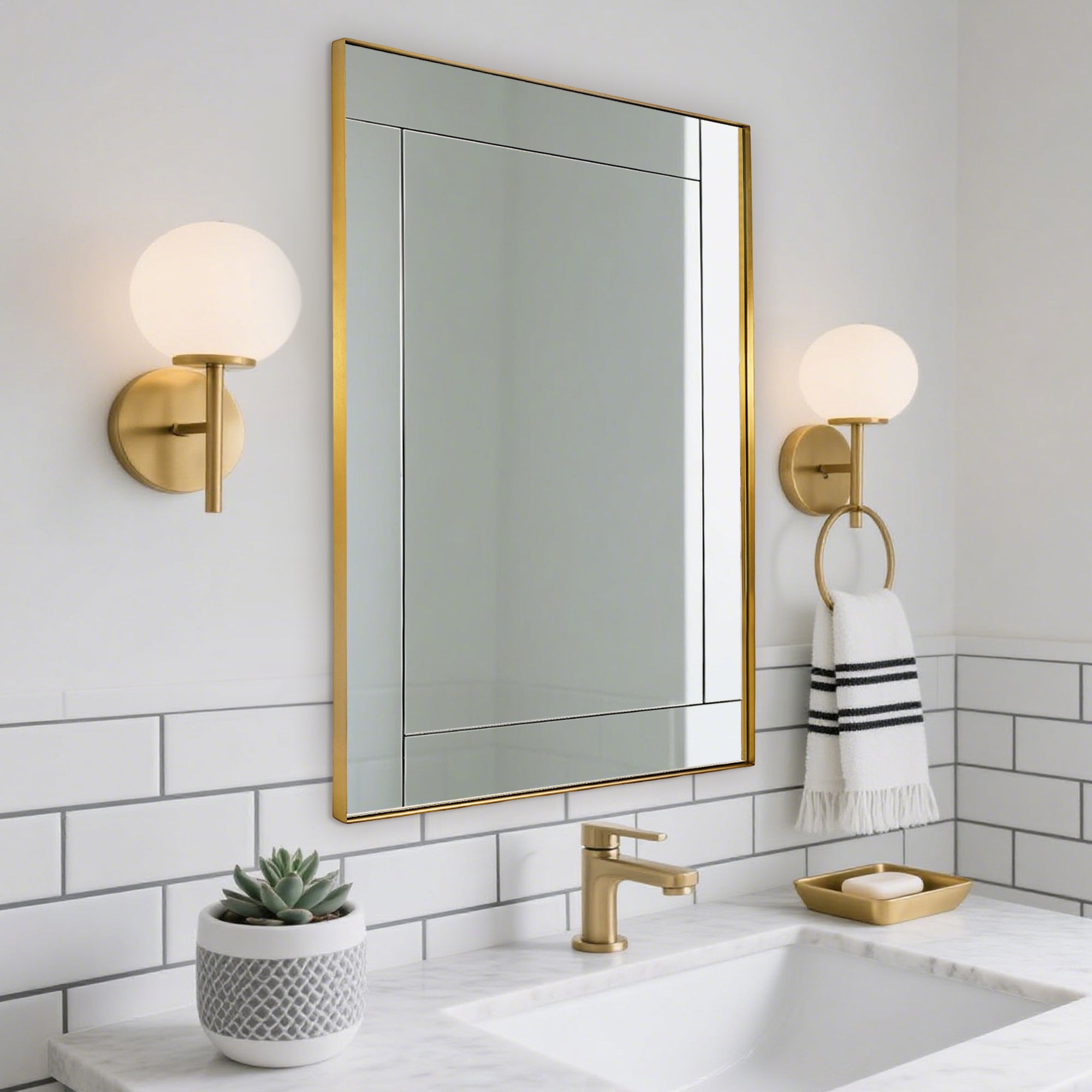 Contemporary Geometric Glass Tile Rectangular Bathroom Vanity Mirror | Stainless Steel Frame