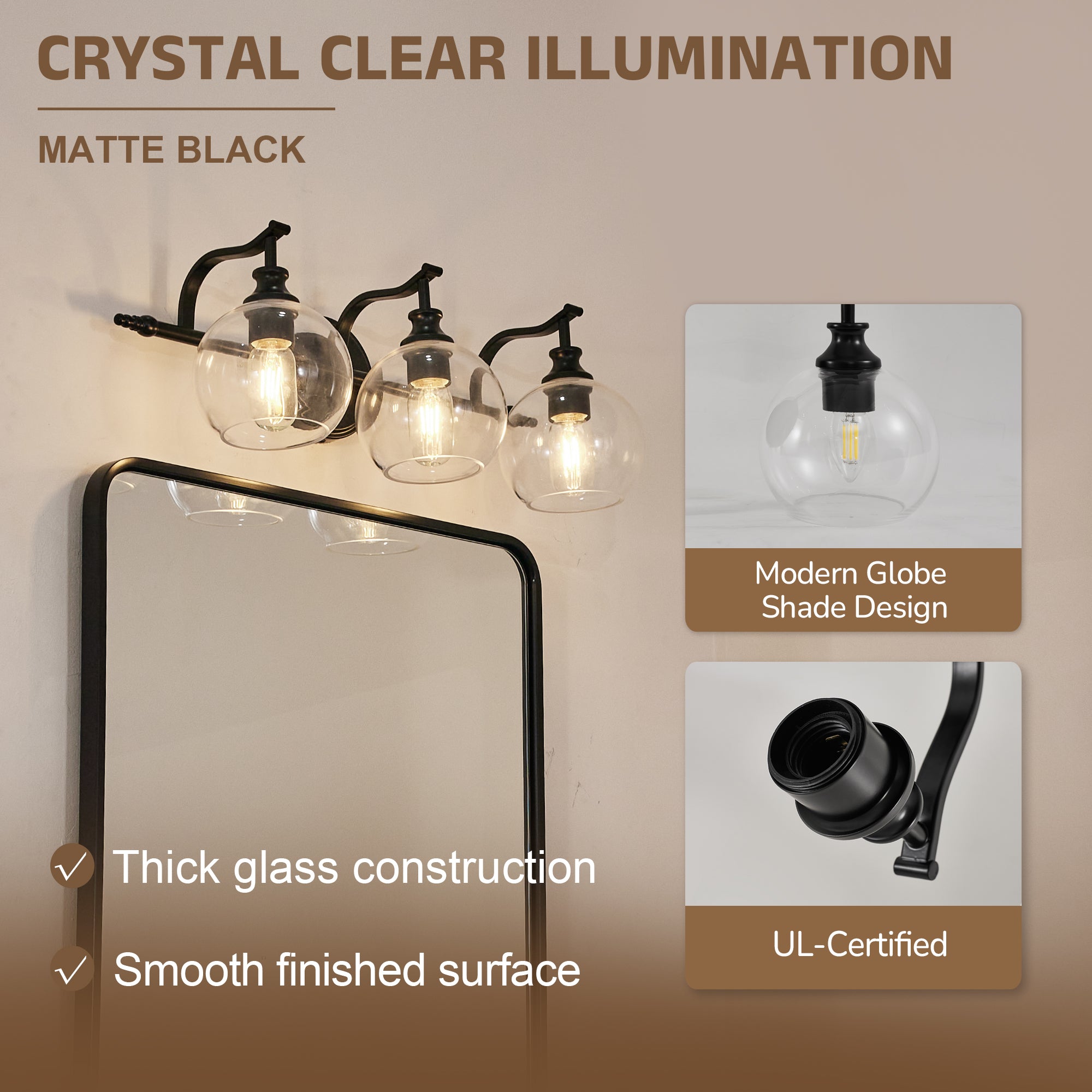 Modern Clear Globe Glass Shade Metal Crank Frame Bathroom Sconces