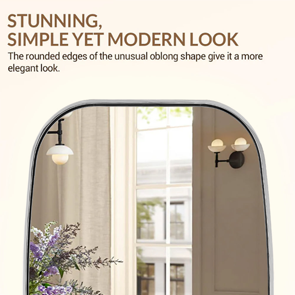 Contemporary Long Oval Oblong Bathroom Mirror | Stainless Steel Frame