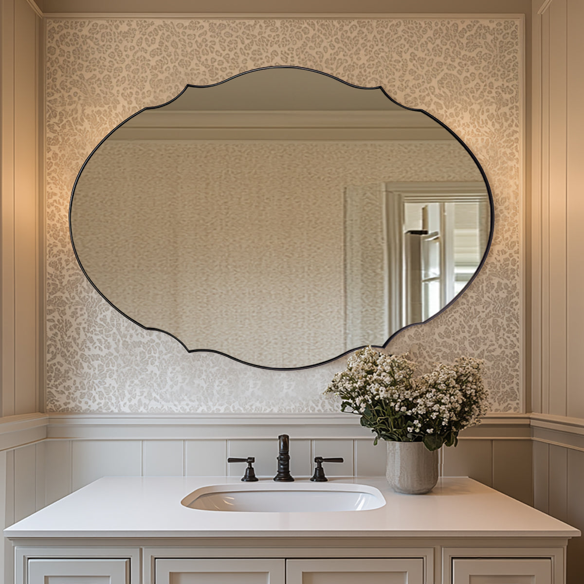 Contemporary Oval Scalloped Wall Mirror Irregular Bathroom Vanity Mirror| Stainless Steel Frame