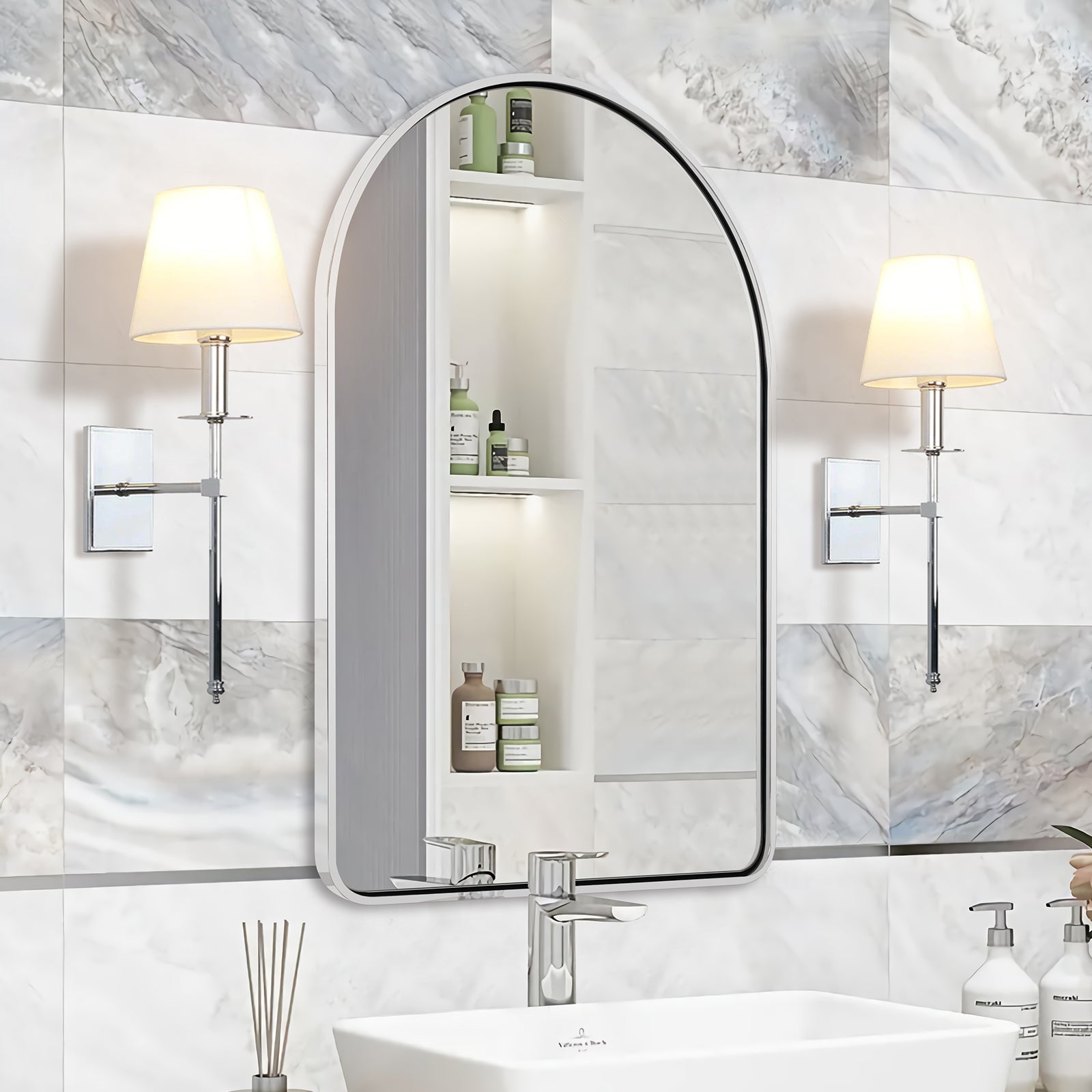 Contemporary Arched Bathroom Vanity Mirror Arch Wall Mirror |Stainless Steel Framed