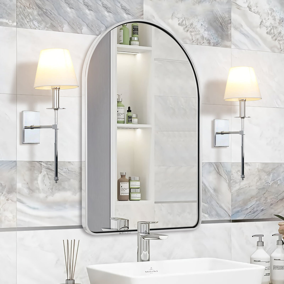Contemporary Arched Bathroom Vanity Mirror Arch Wall Mirror |Stainless Steel Framed