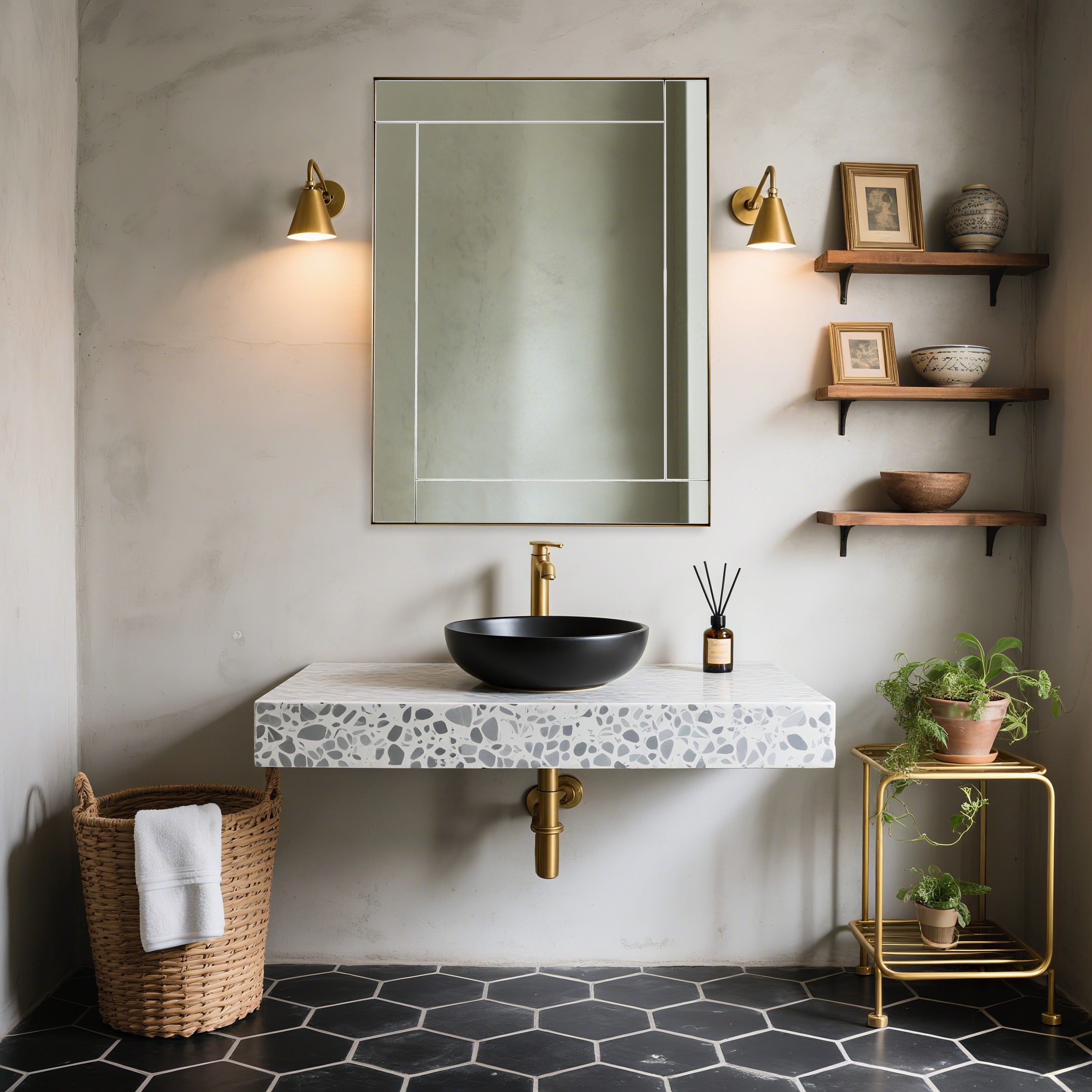 Contemporary Geometric Glass Tile Rectangular Bathroom Vanity Mirror | Stainless Steel Frame