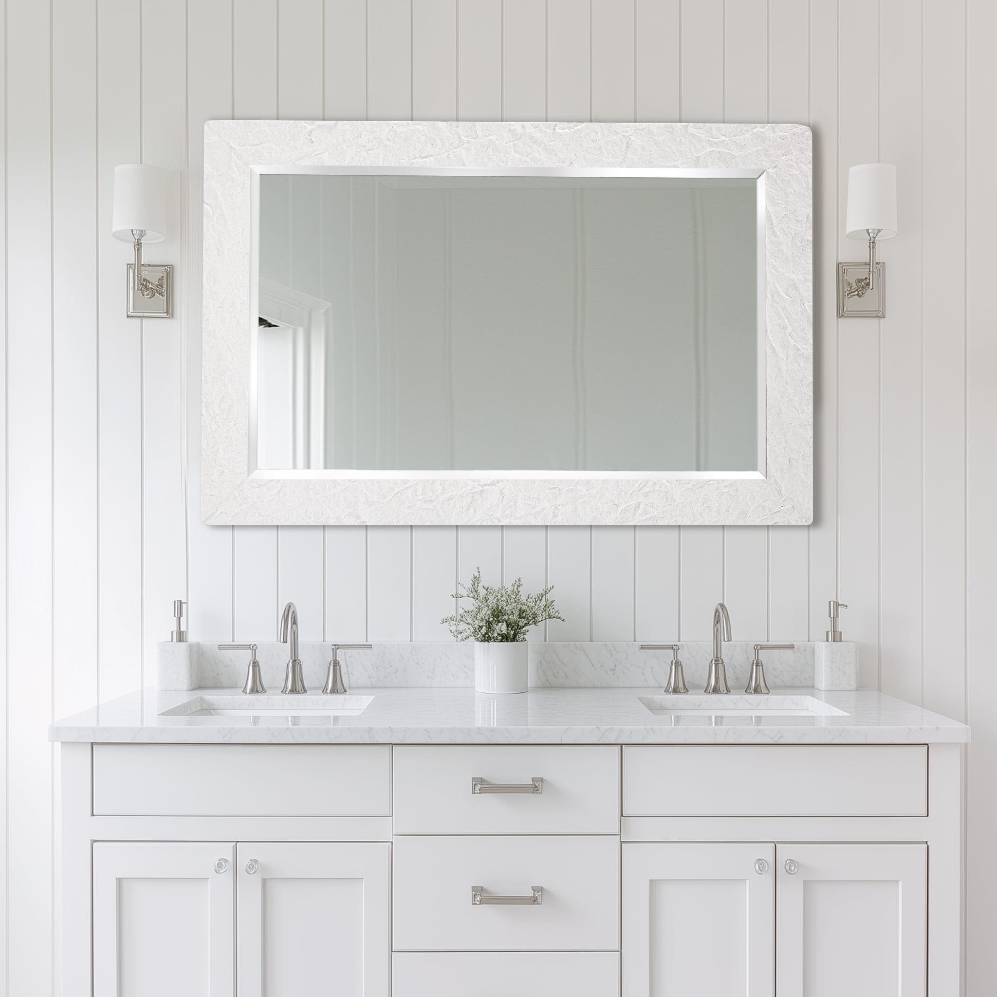 Contemporary White Plaster Thick Framed Rectangle Bathroom Mirror Decorative Beveled Mirror