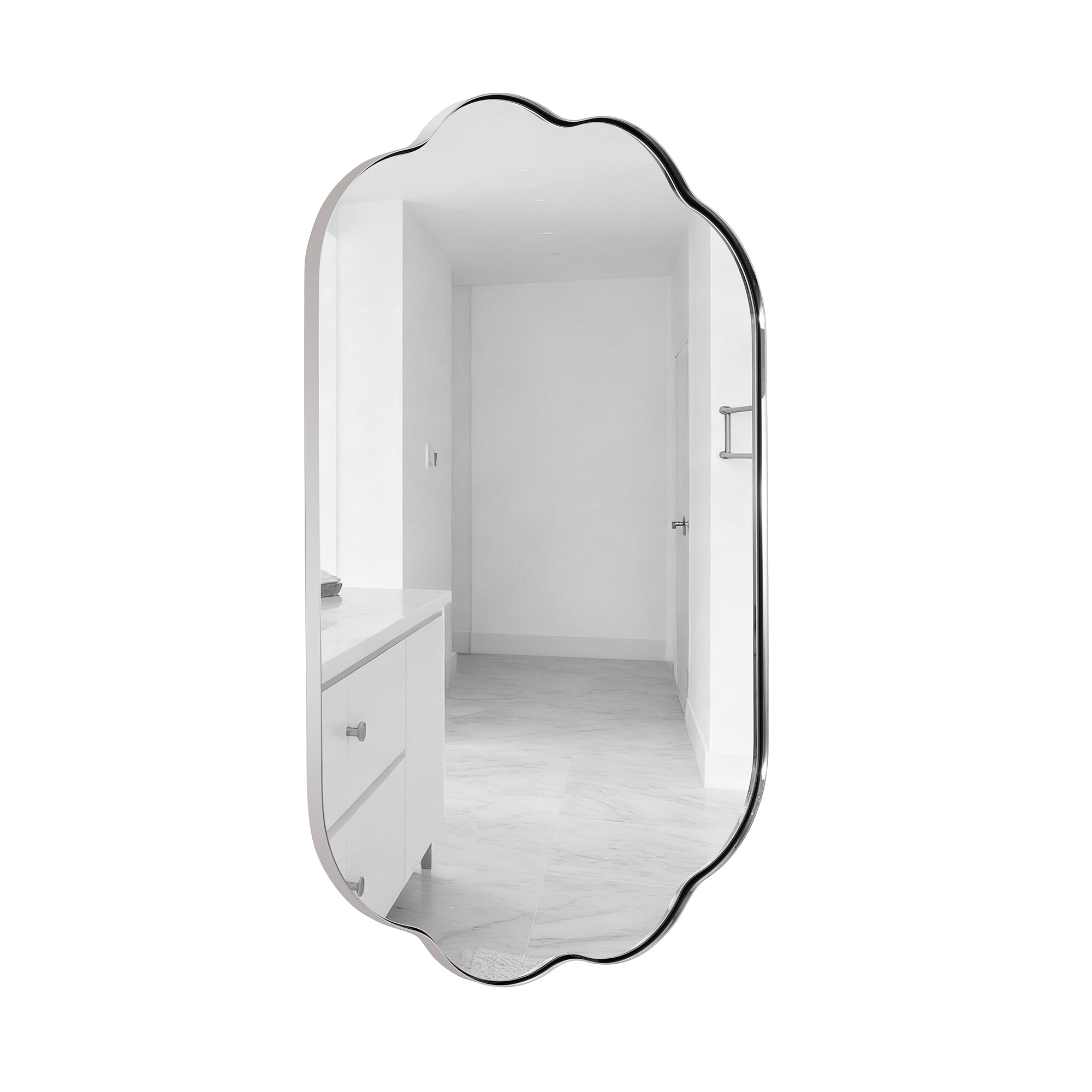 Contemporary Pill Shaped Long Oval Scalloped Bathroom Vanity Wall Mirror| Stainless Steel Framed