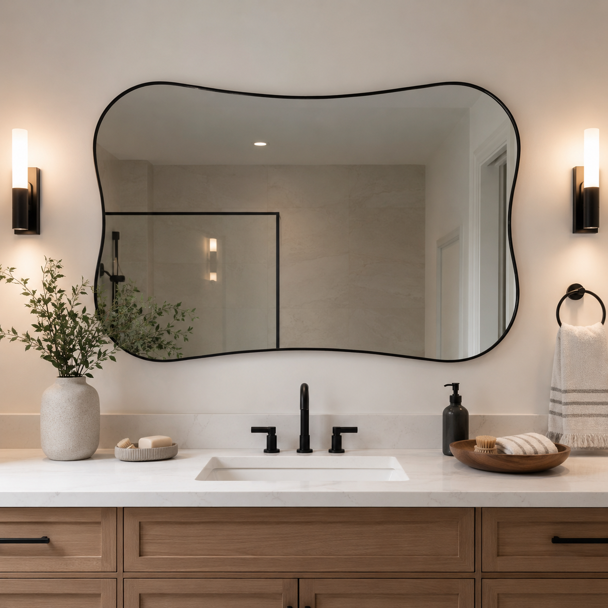 Contemporary Dual Concave Edge Rouded Scalloped Rectangle Wall Mirror | Stainless Steel Frame
