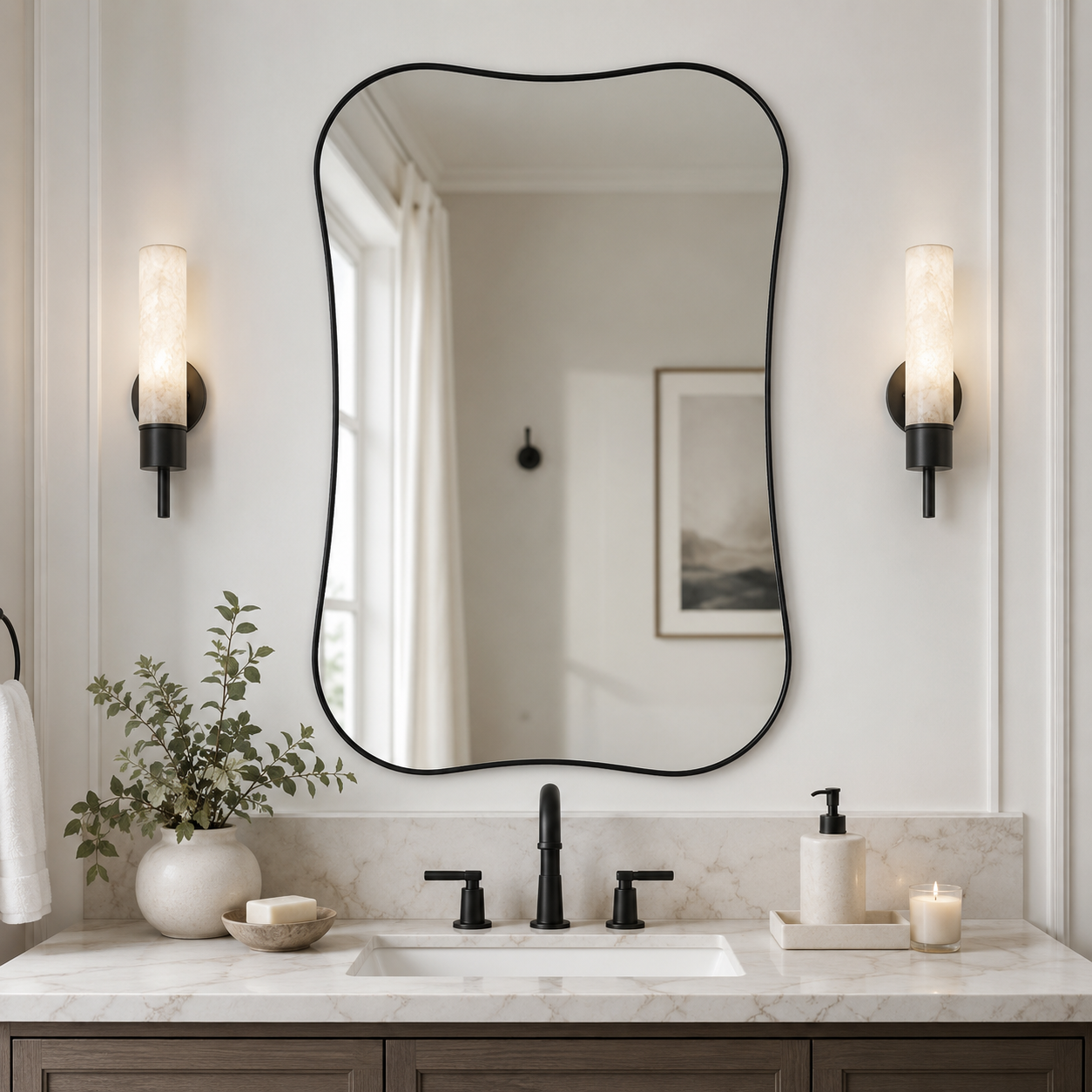Contemporary Dual Concave Edge Rouded Scalloped Rectangle Wall Mirror | Stainless Steel Frame