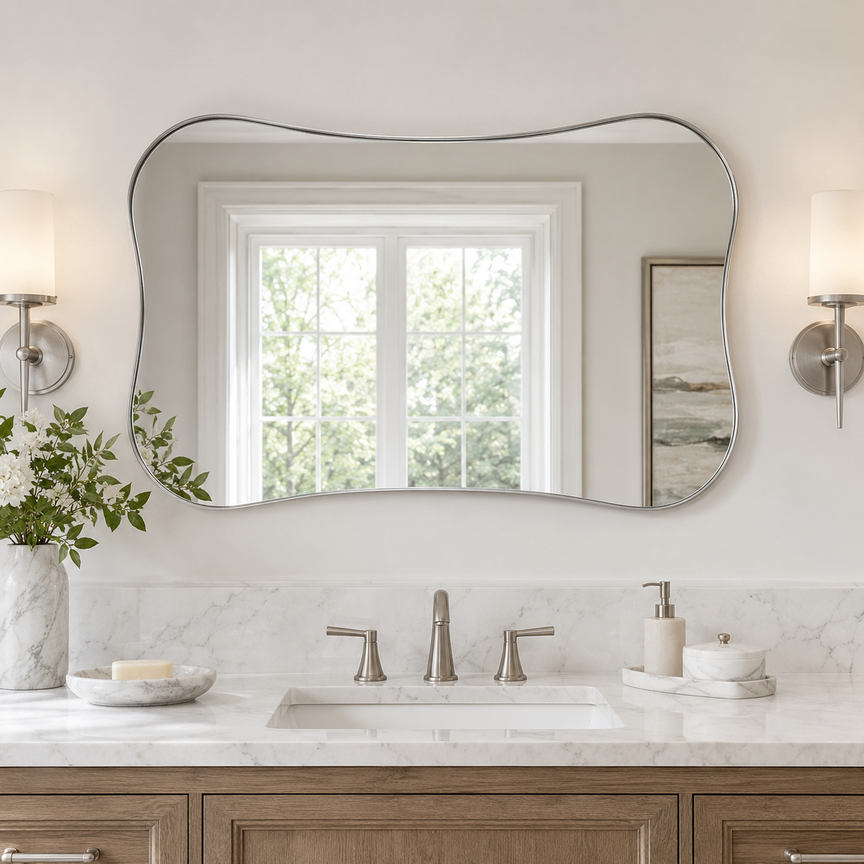 Contemporary Dual Concave Edge Rouded Scalloped Rectangle Wall Mirror | Stainless Steel Frame