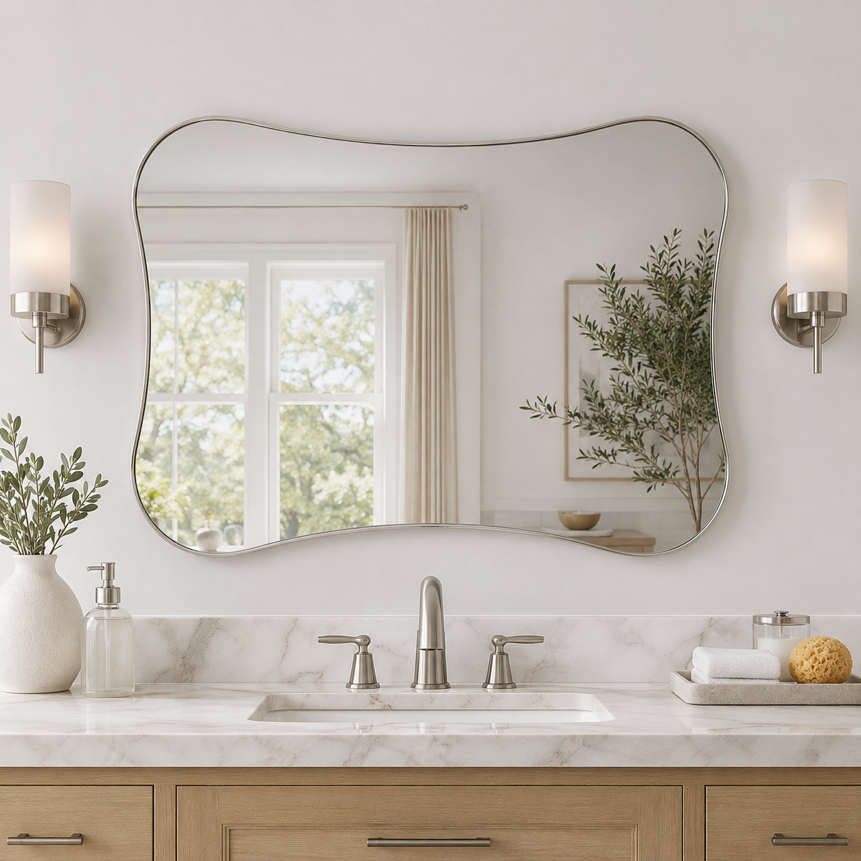 Contemporary Dual Concave Edge Rouded Scalloped Rectangle Wall Mirror | Stainless Steel Frame