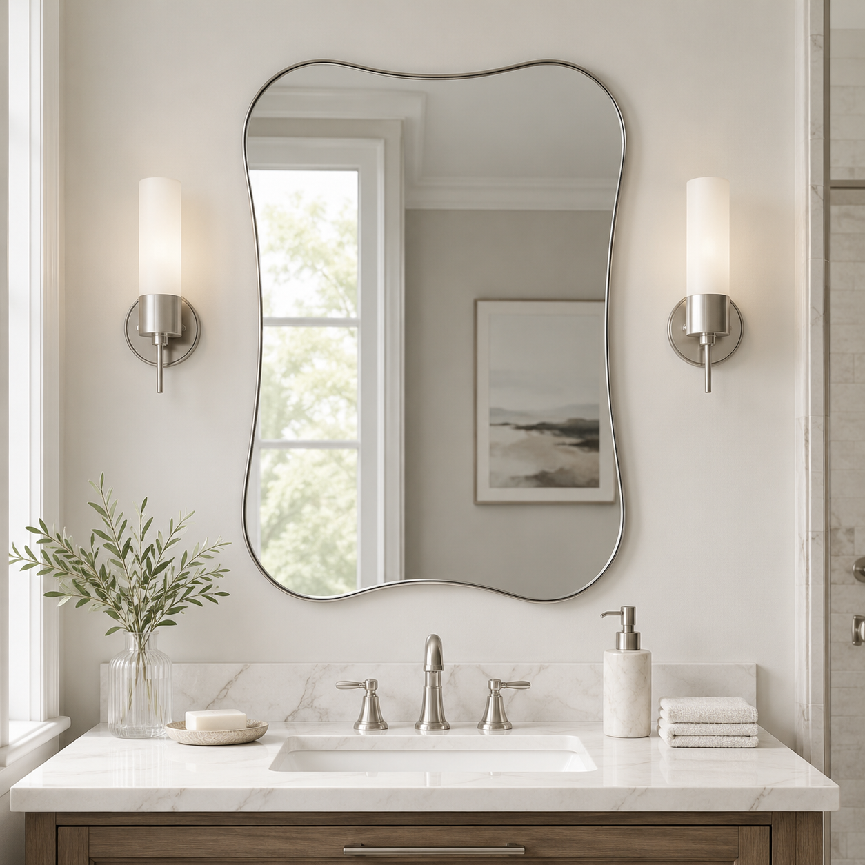 Contemporary Dual Concave Edge Rouded Scalloped Rectangle Wall Mirror | Stainless Steel Frame