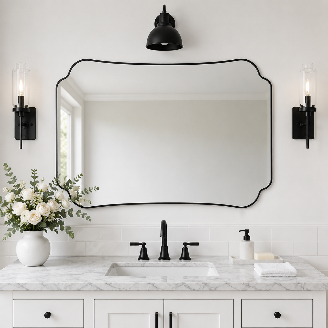 Contemporary Cut Corner Concave Edge Scalloped Bathroom Mirror | Stainless Steel Frame