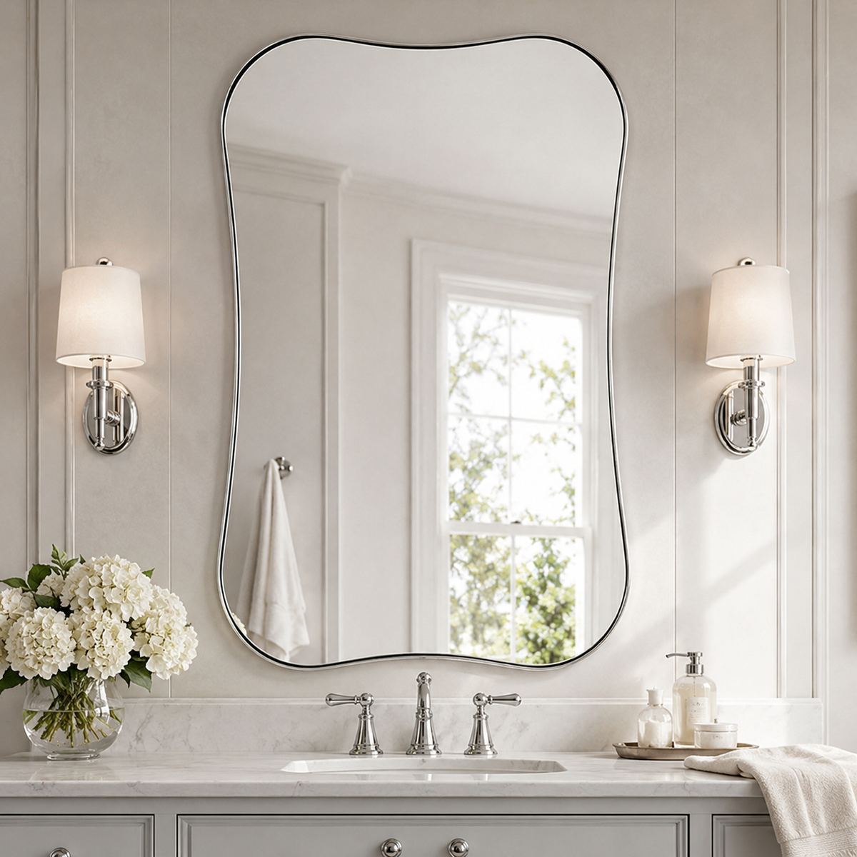 Contemporary Dual Concave Edge Rouded Scalloped Rectangle Wall Mirror | Stainless Steel Frame