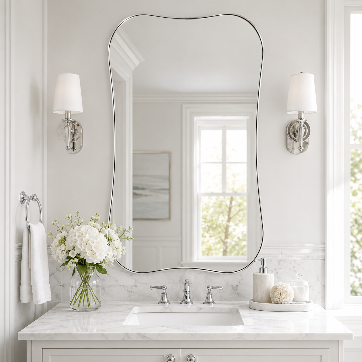 Contemporary Dual Concave Edge Rouded Scalloped Rectangle Wall Mirror | Stainless Steel Frame