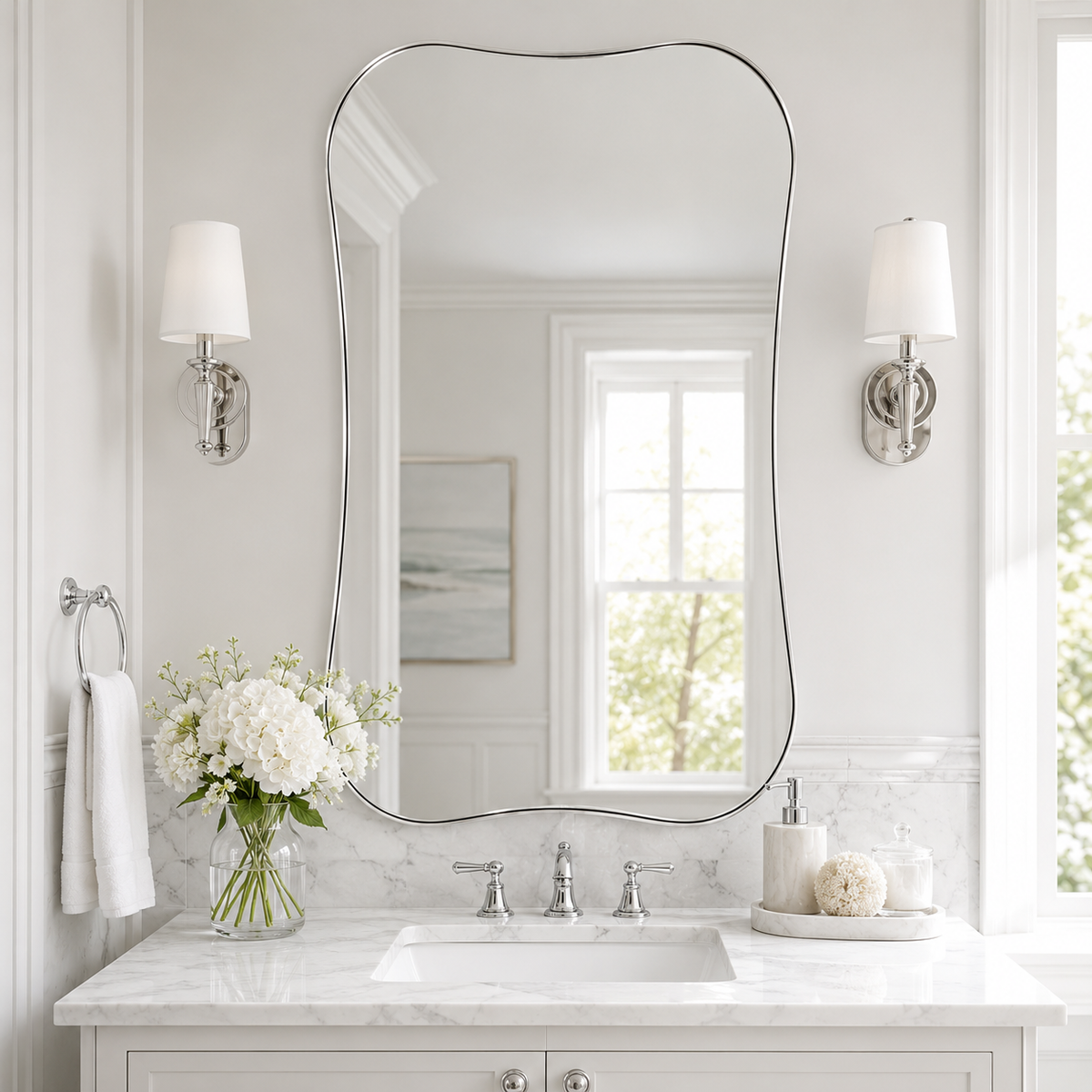 Contemporary Dual Concave Edge Rouded Scalloped Rectangle Wall Mirror | Stainless Steel Frame