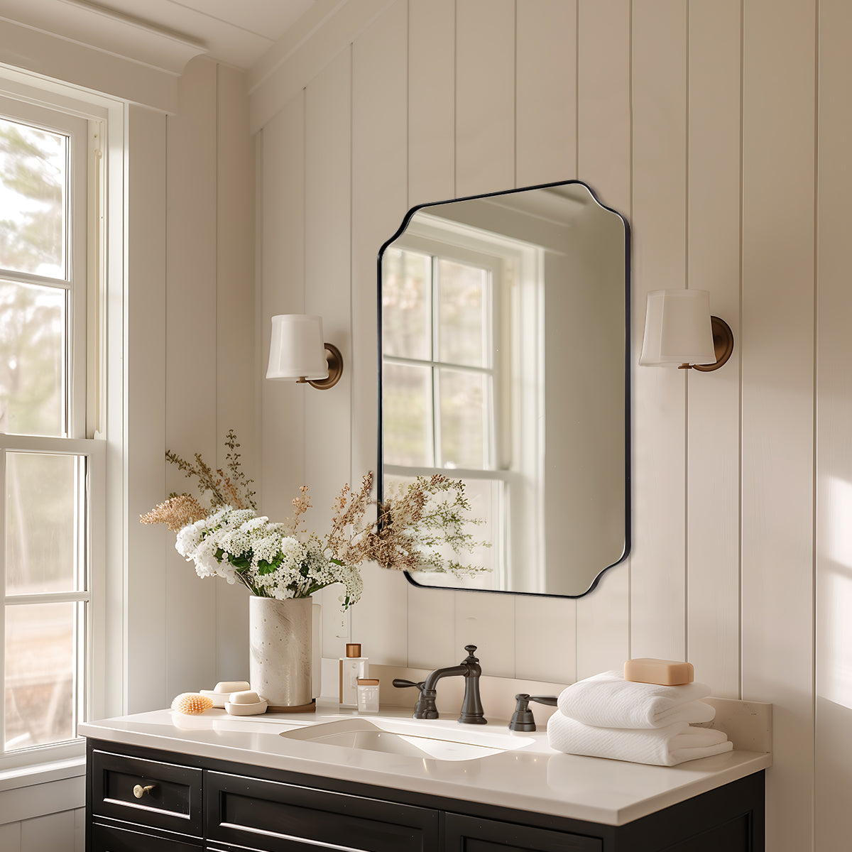 Contemporary Notched Corner Rectangle Scalloped Mirror for Wall /Bathroom | Stainless Steel Frame