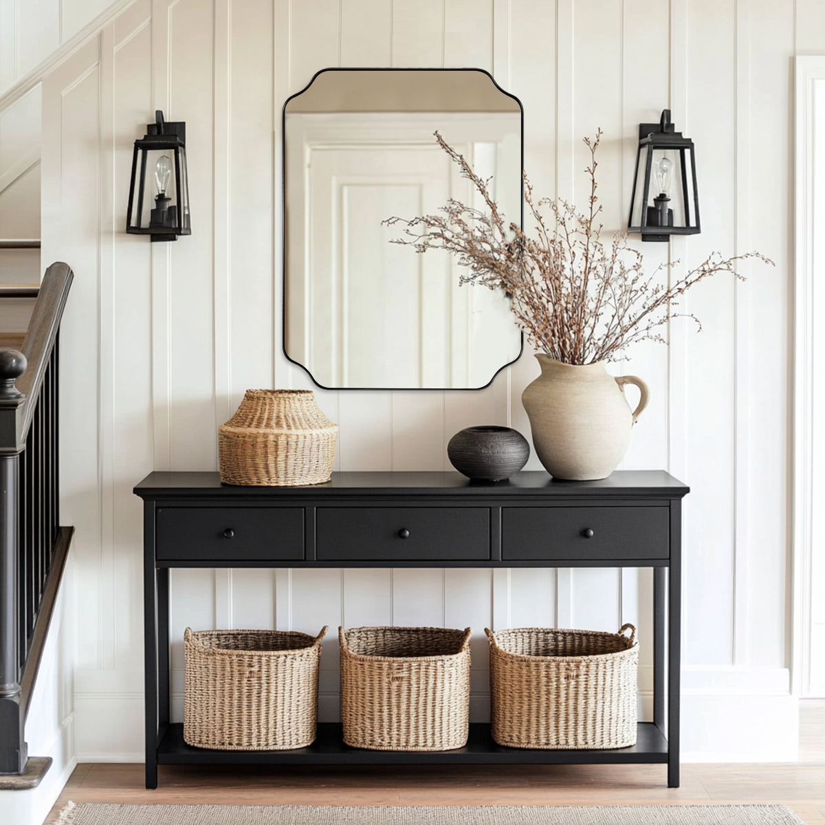 Contemporary Notched Corner Rectangle Scalloped Mirror for Wall /Bathroom | Stainless Steel Frame