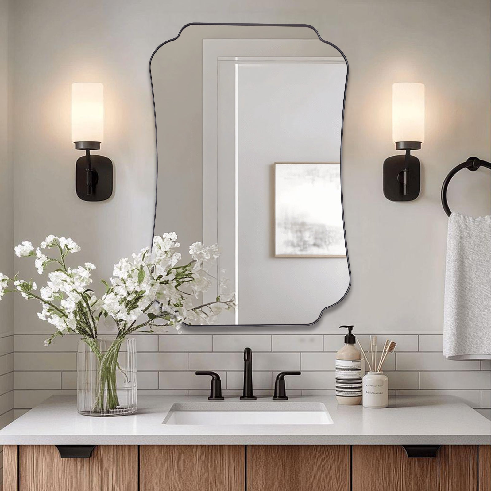 Contemporary Concave Edge Scalloped Bathroom Mirror Decorative | Stainless Steel Frame