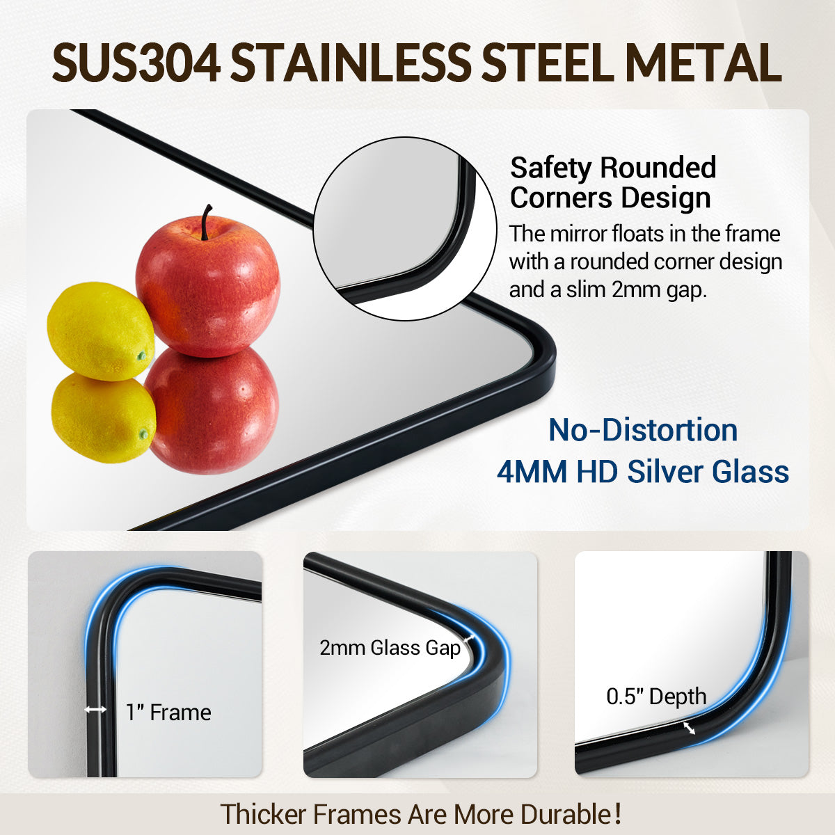 Contemporary Rounded Rectangular Bathroom Mirrors| Stainless Steel Thick Frame