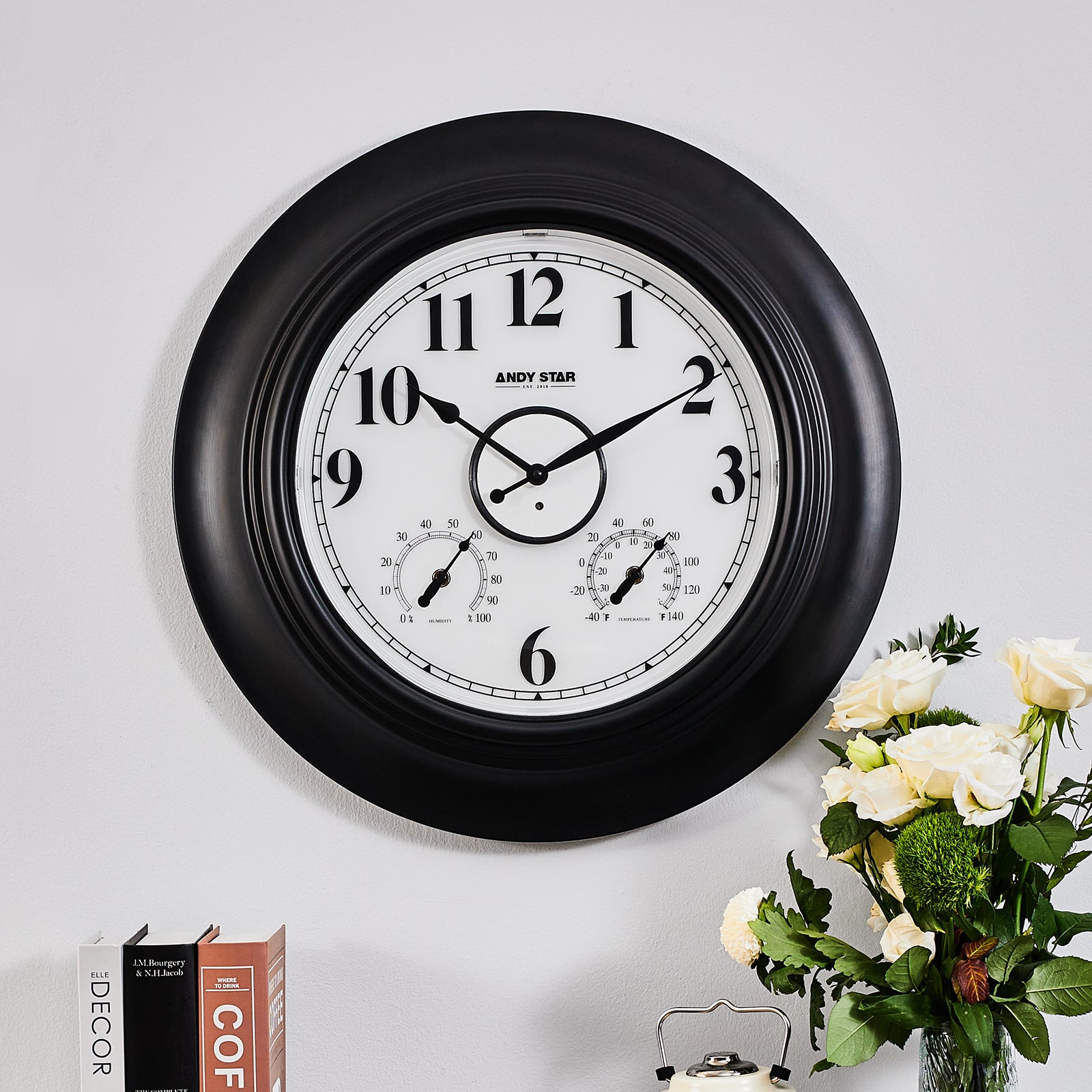 Contemporary Outdoor Clock with Thermometer Waterproof, 21 inch Black